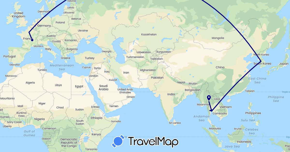 TravelMap itinerary: driving in France, South Korea, Thailand (Asia, Europe)